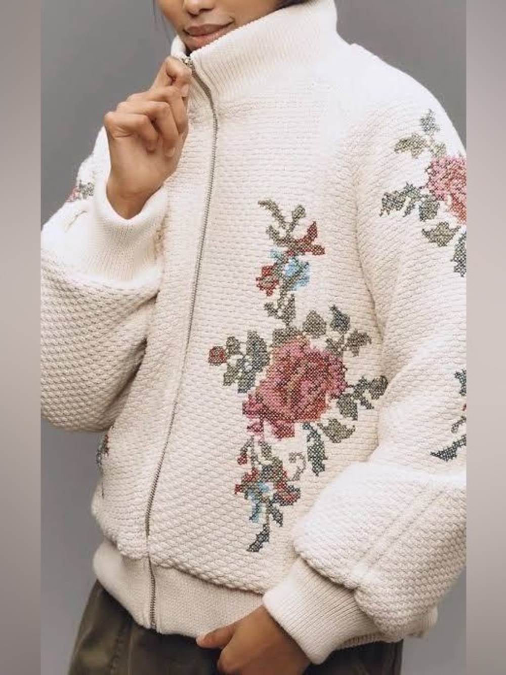Anthropologie Cream Quilted Bomber Jacket with Pink Floral Embroidery Crosstitch